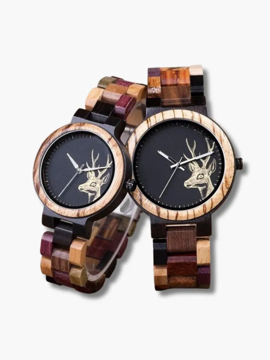 Couple Wood Watch Deer Pattern Bis