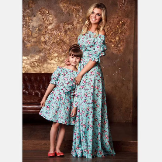 Mummy Daughter Blue Floral Dresses
