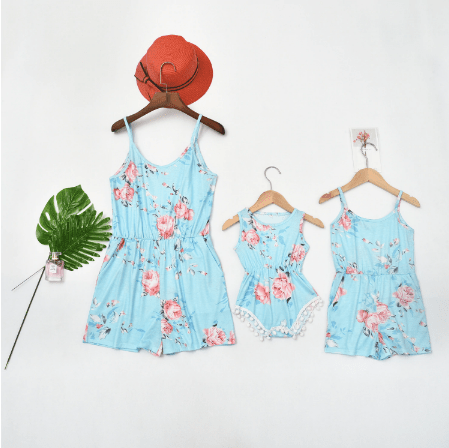 Tenue mère fille bleu fleurie