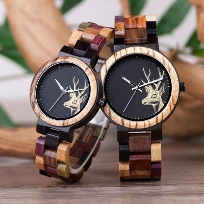 Couple Wood Watch Deer Pattern