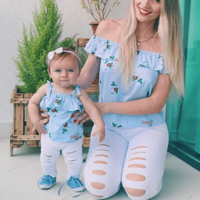 Tenue mère fille assortie bleu et blanc